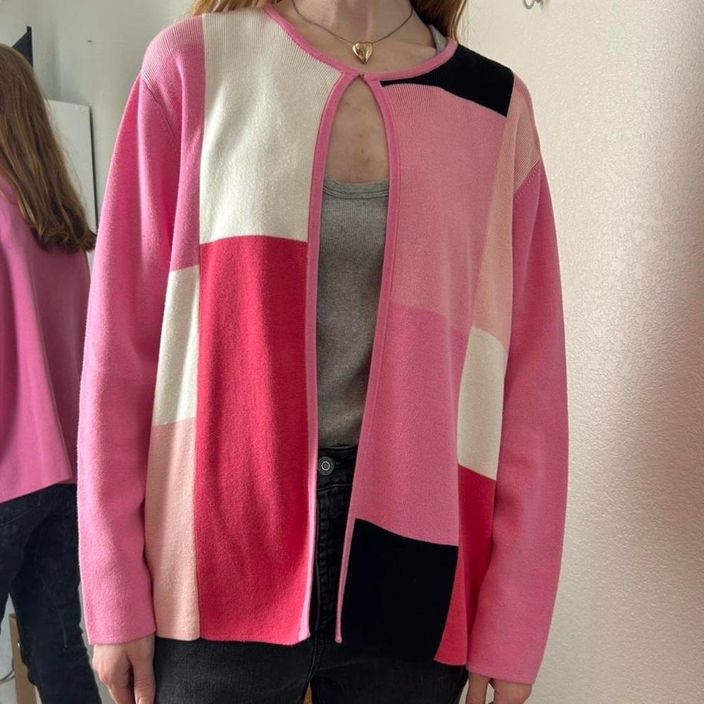 Vintage Retro Feminine Cardigan Block Size PXL Pinks White Black Artdeco Funky